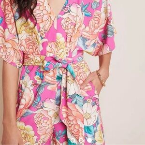 Anthropologie Farm Rio Pink Floral Eulalie Wide-Leg Jumpsuit Size Small EUC Cute